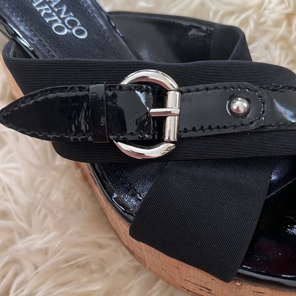Franco Sarto Vintage Y2K cork heel wedge cross buckle Patent  Franco Sarto vintage Y2K cork heel wedge cross buckle patent leather sandals 6.5